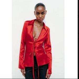 NWT ZARA SATIN EFFECT SHIRT WITH TIES RED
